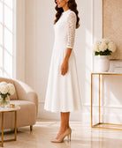 Ladies White V-notch Collar Lace Sleeve Dress - StylePhase SA