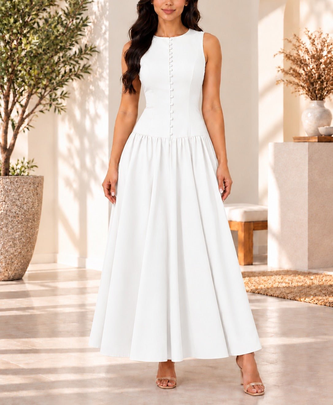 Ladies White Zip Back Button Front Dress - StylePhase SA
