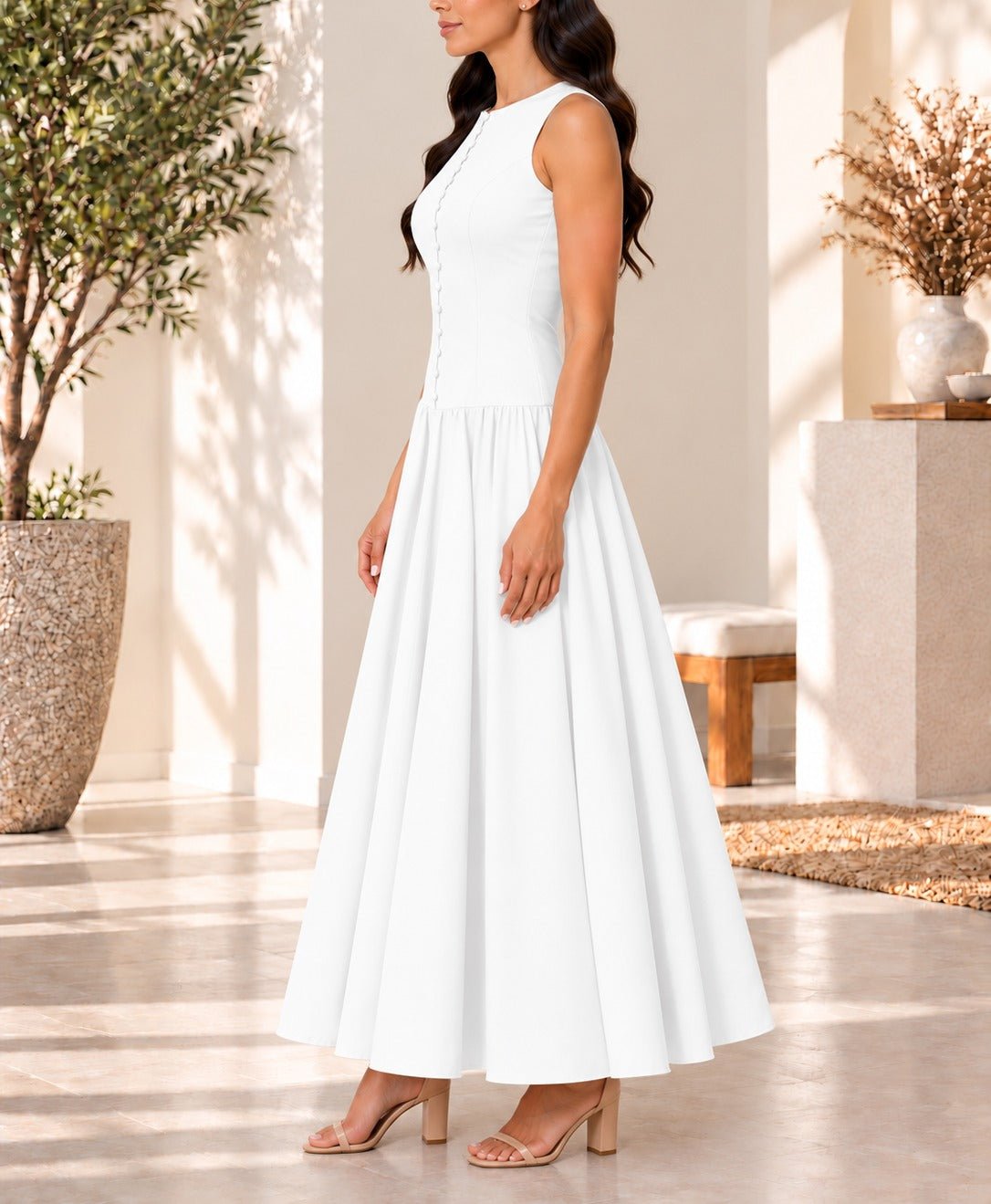 Ladies White Zip Back Button Front Dress - StylePhase SA