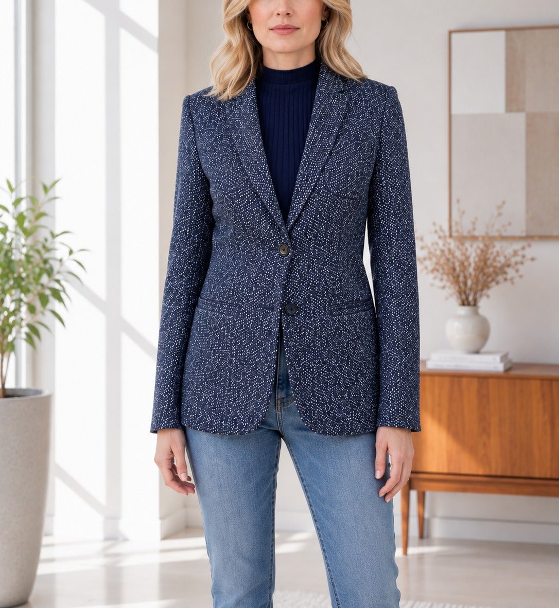 Ladies Wool Blend Blazer - Navy And White - StylePhase SA