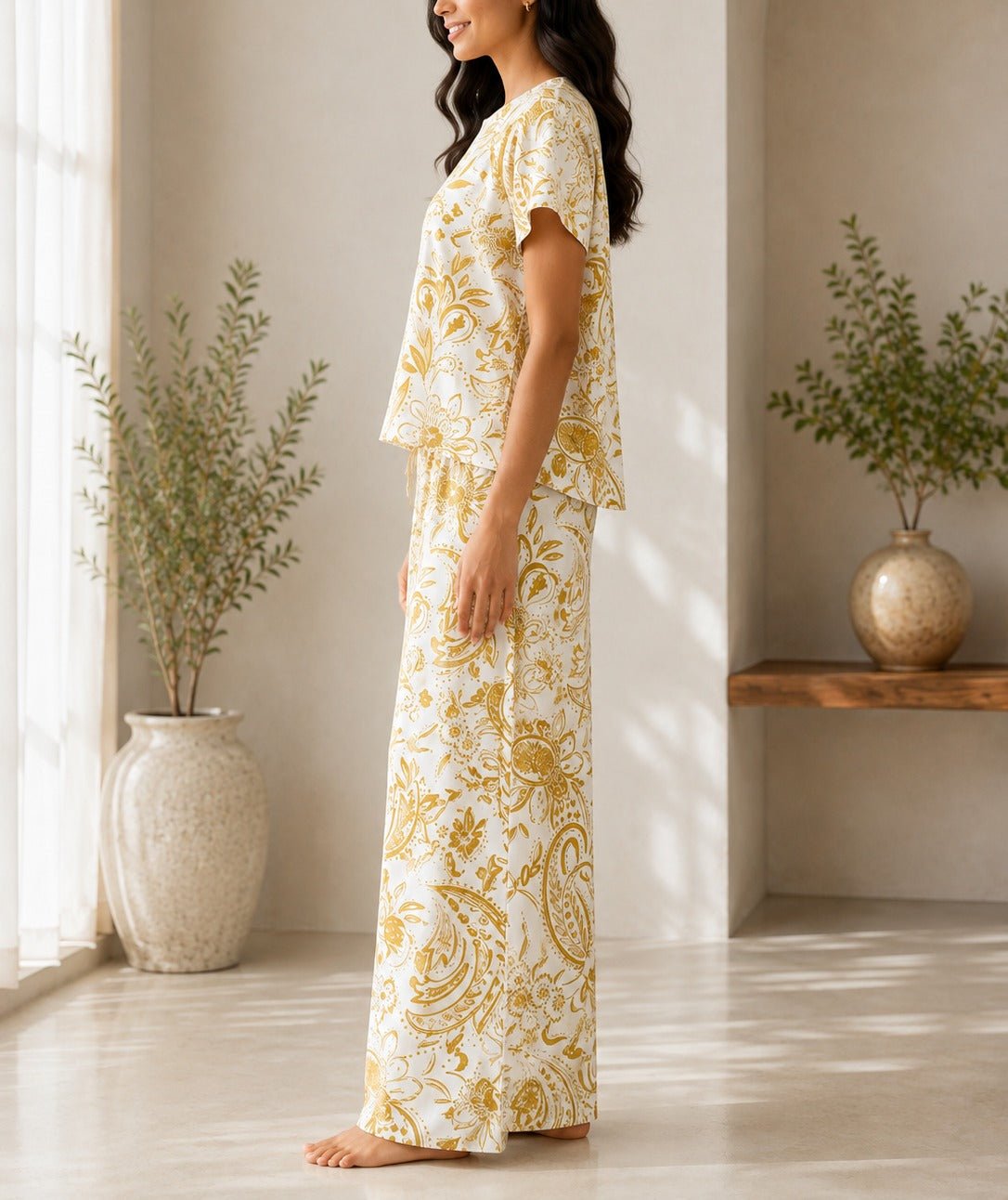 Ladies Yellow And Cream Paisley Print Two-Piece Set - StylePhase SA