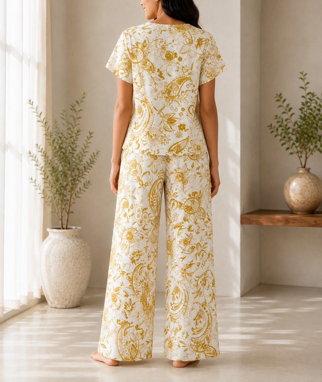 Ladies Yellow And Cream Paisley Print Two-Piece Set - StylePhase SA