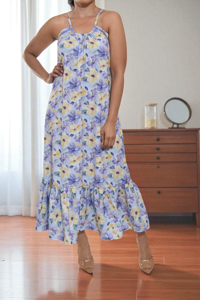 Ladies Yellow Floral Strappy Ruffle End Dress - StylePhase SA