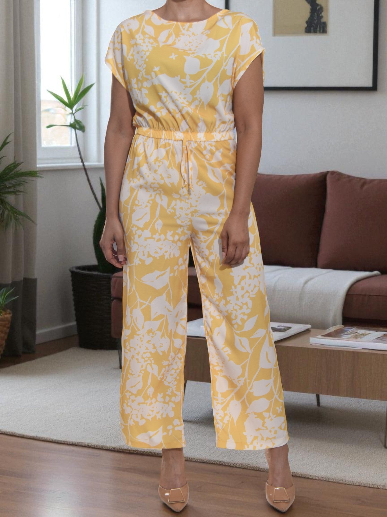 Ladies Yellow Floral Wide Leg Jumpsuit - StylePhase SA
