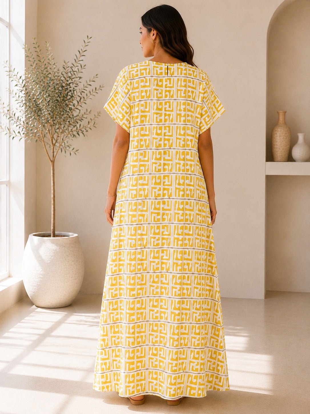 Ladies Yellow Geometric V-neck Maxi Kaftan - StylePhase SA