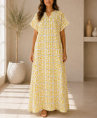 Ladies Yellow Geometric V-neck Maxi Kaftan - StylePhase SA