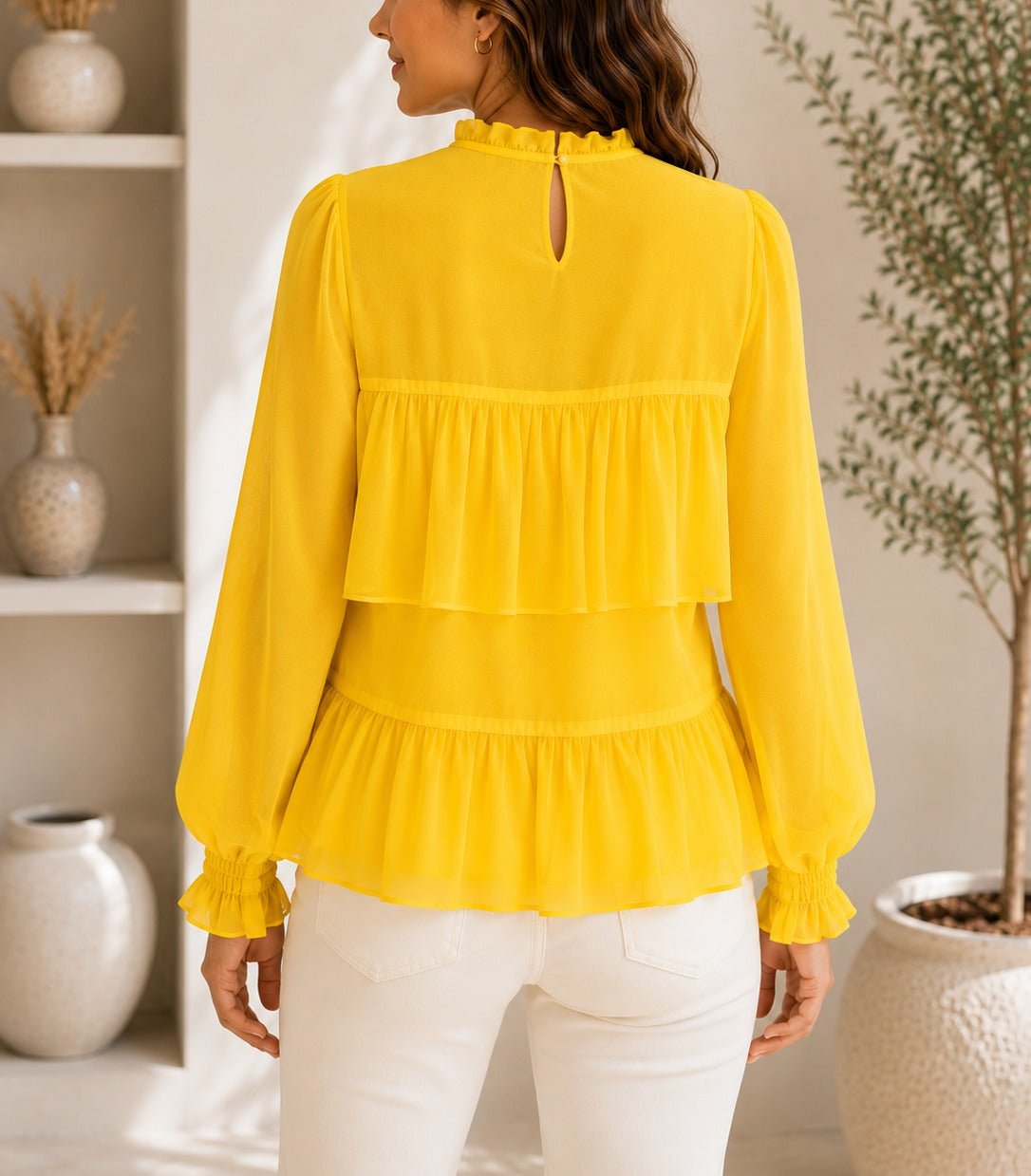 Ladies Yellow Mock Neckline Chiffon Layered Blouse - StylePhase SA