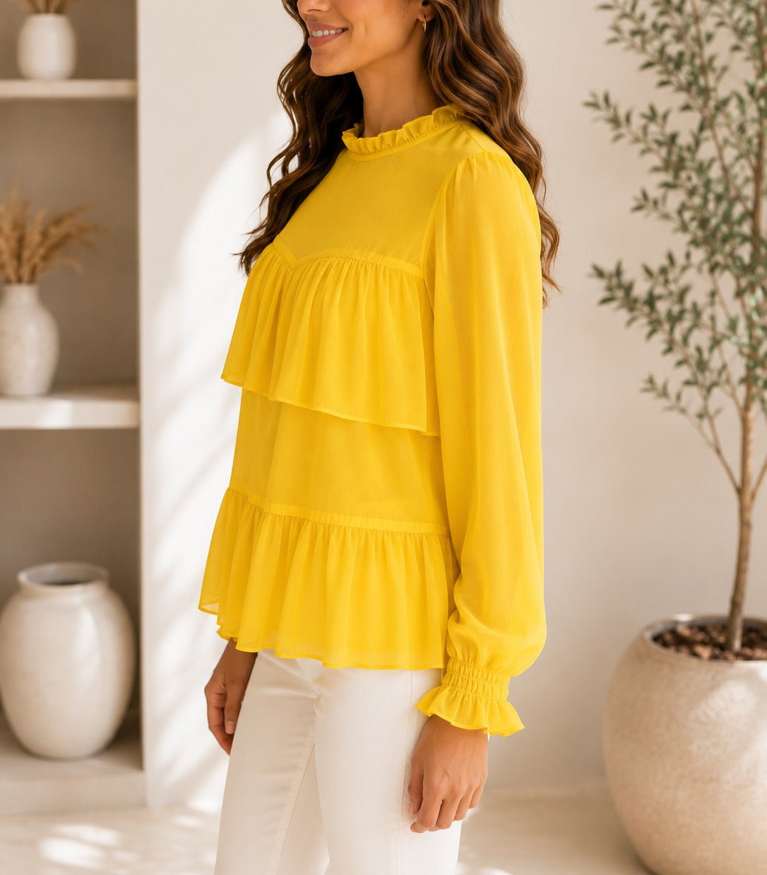 Ladies Yellow Mock Neckline Chiffon Layered Blouse - StylePhase SA