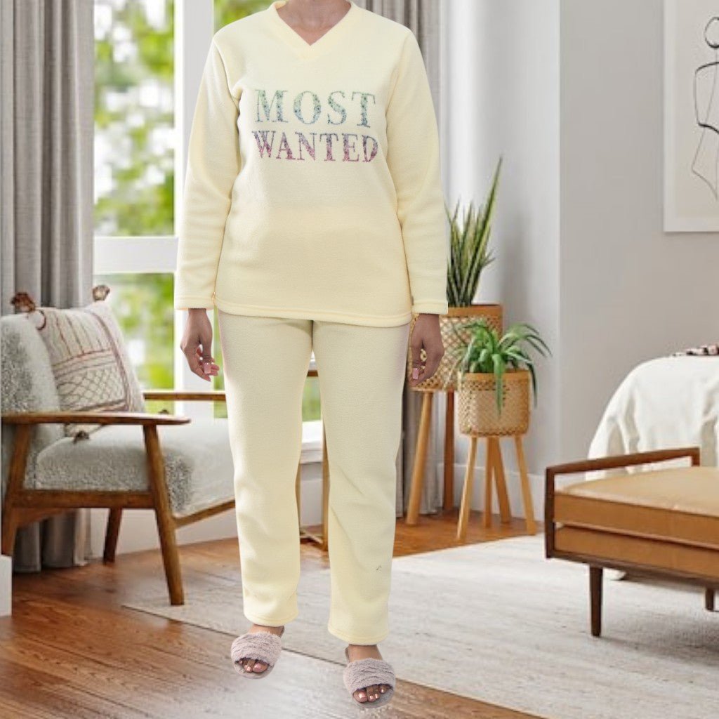 Ladies Yellow Polar Fleece Printed Pyjama Set - StylePhase SA