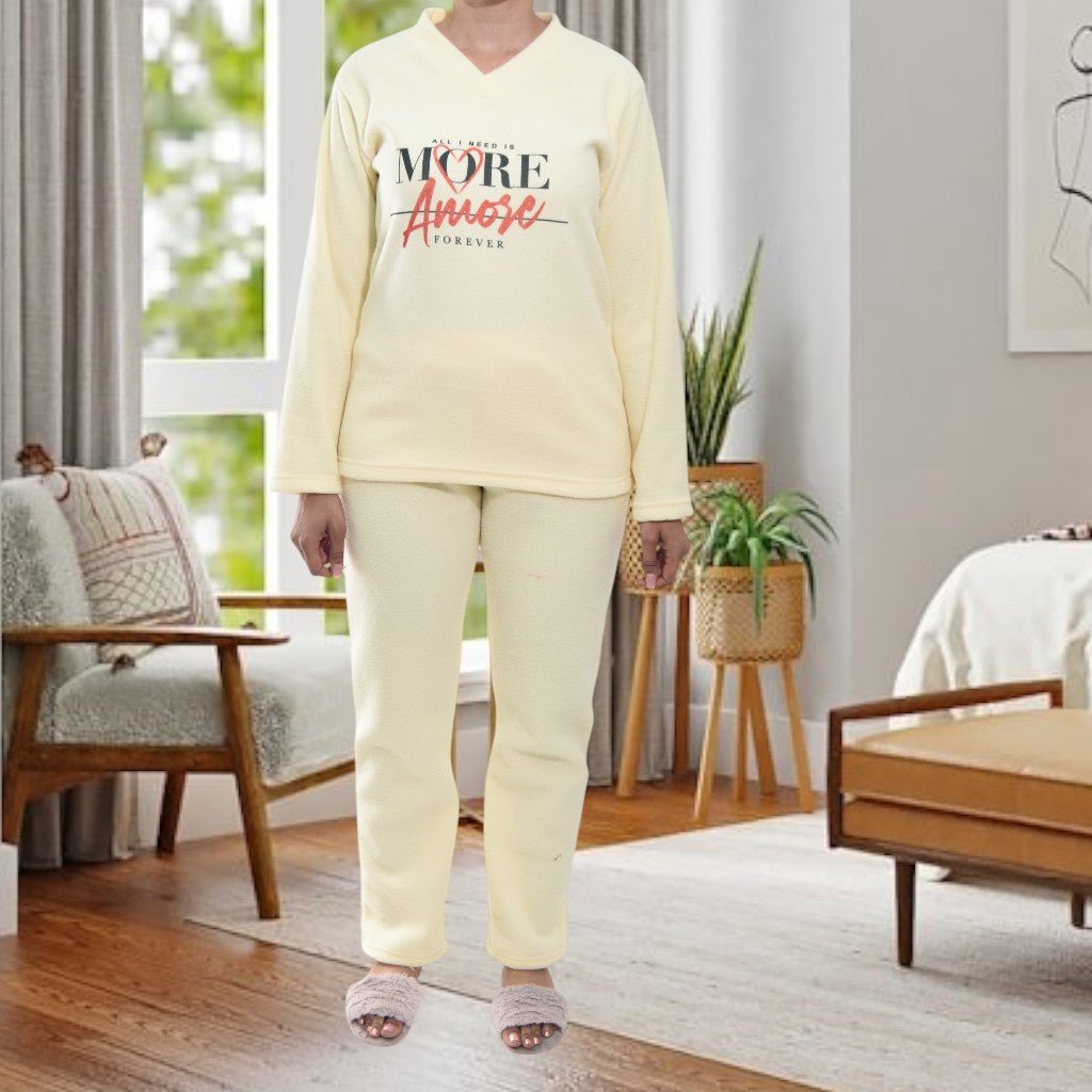 Ladies Yellow Polar Fleece Printed Pyjama Set - StylePhase SA