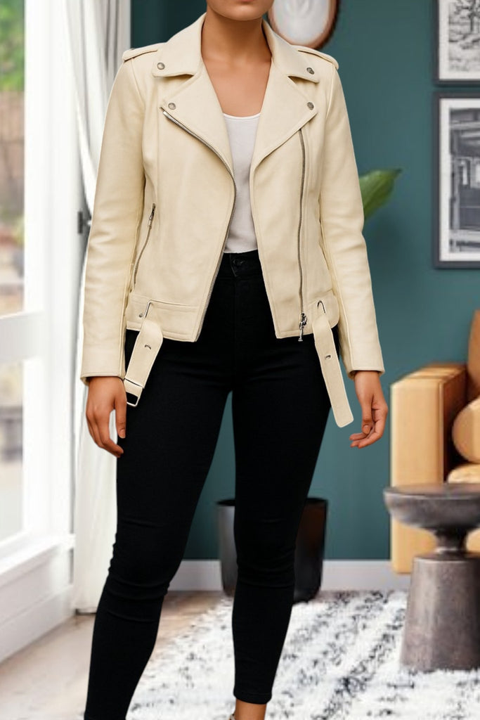 Ladies Zip Up Cream PU Leather Jacket - StylePhase SA