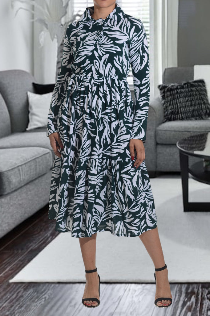 Leaf Print Collar Ruffle Dress - StylePhase SA