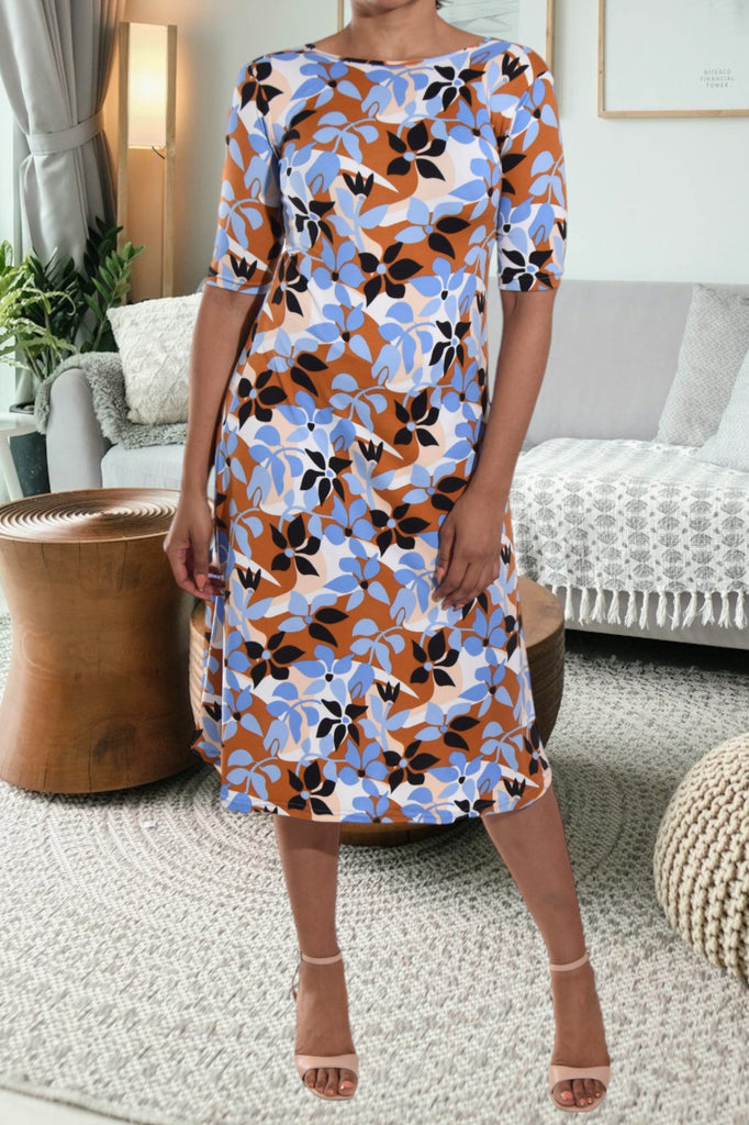 Leaf Printed Crew Neck Dress - StylePhase SA