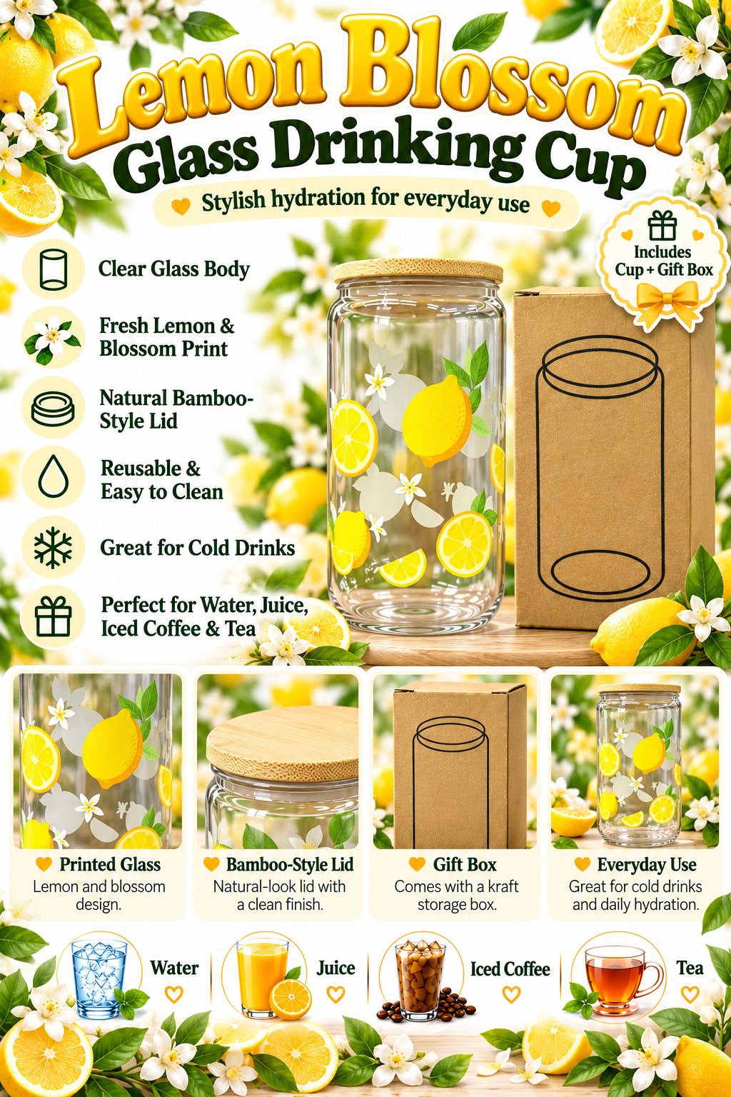 Lemon blossom glass cup with gift box
