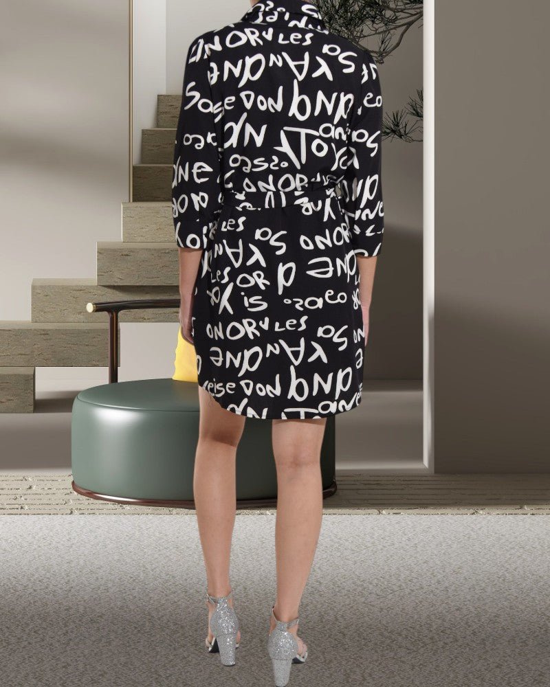 Letter Print Belted Black Shirt Dress - StylePhase SA