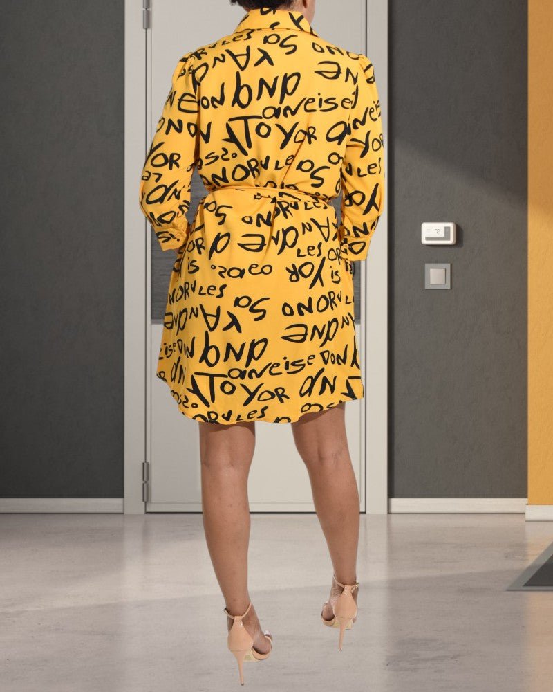 Letter Print Belted Mustard Shirt Dress - StylePhase SA