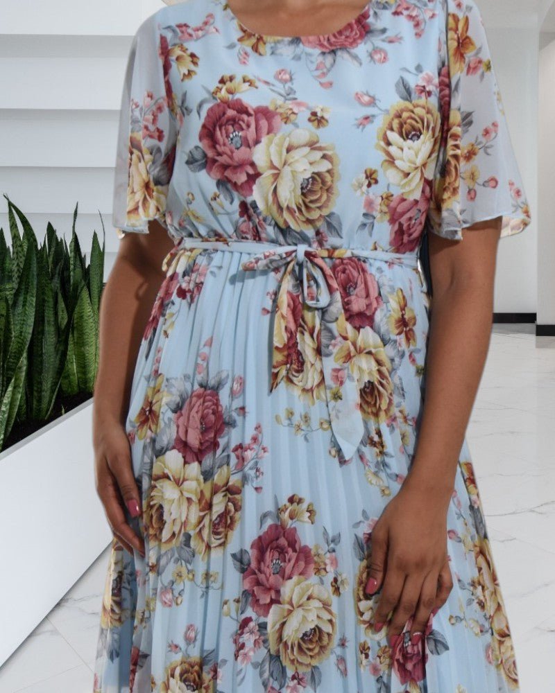 Light Blue Floral Flutter Sleeve Dress - StylePhase SA