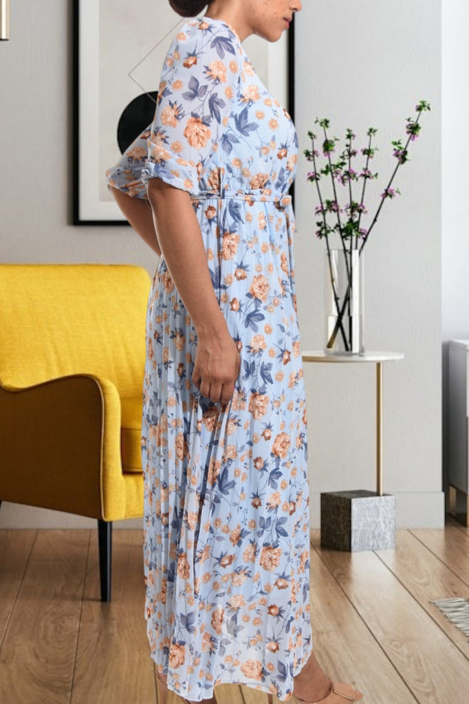 Light Blue V Neck Floral Maxi Dress - StylePhase SA