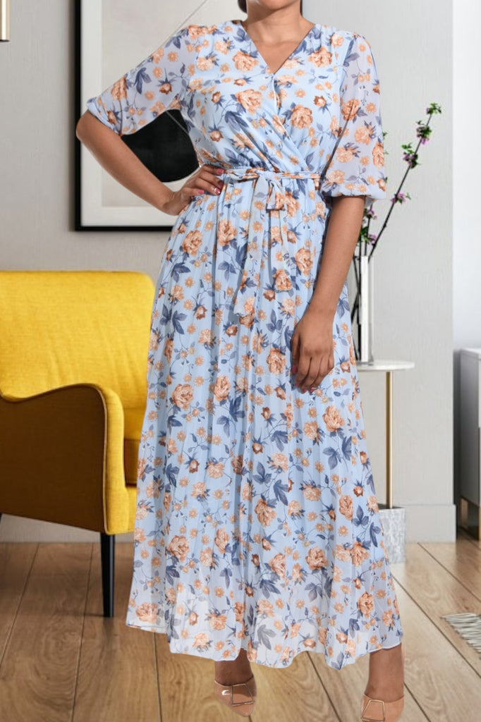 Light Blue V Neck Floral Maxi Dress - StylePhase SA