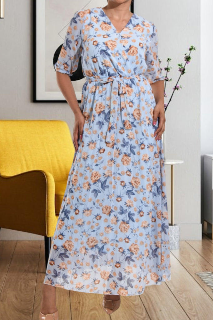 Light Blue V Neck Floral Maxi Dress - StylePhase SA