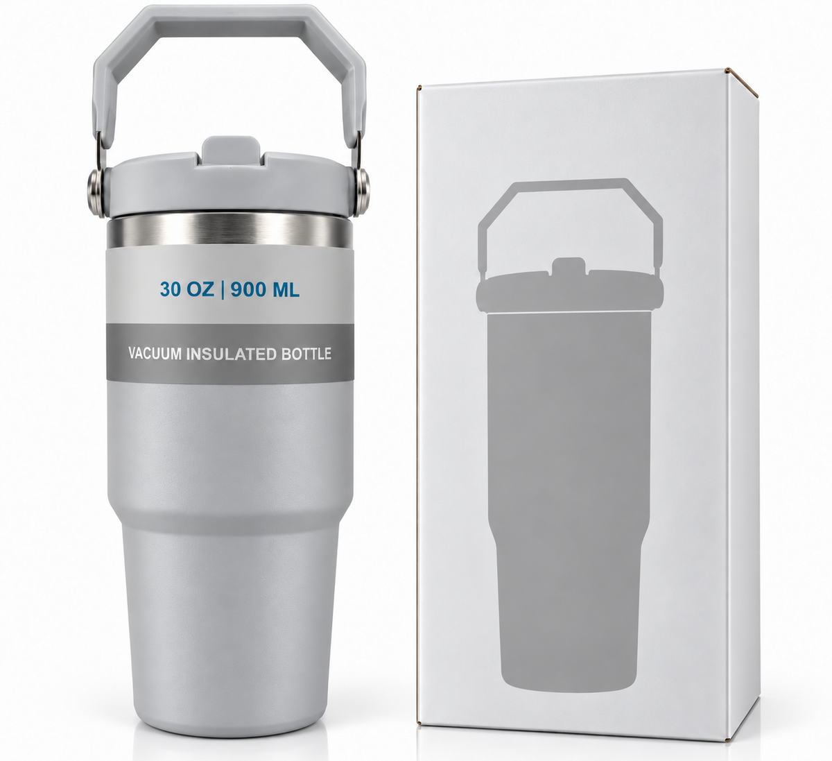 Light grey 900ml vacuum insulated bottle and packaging