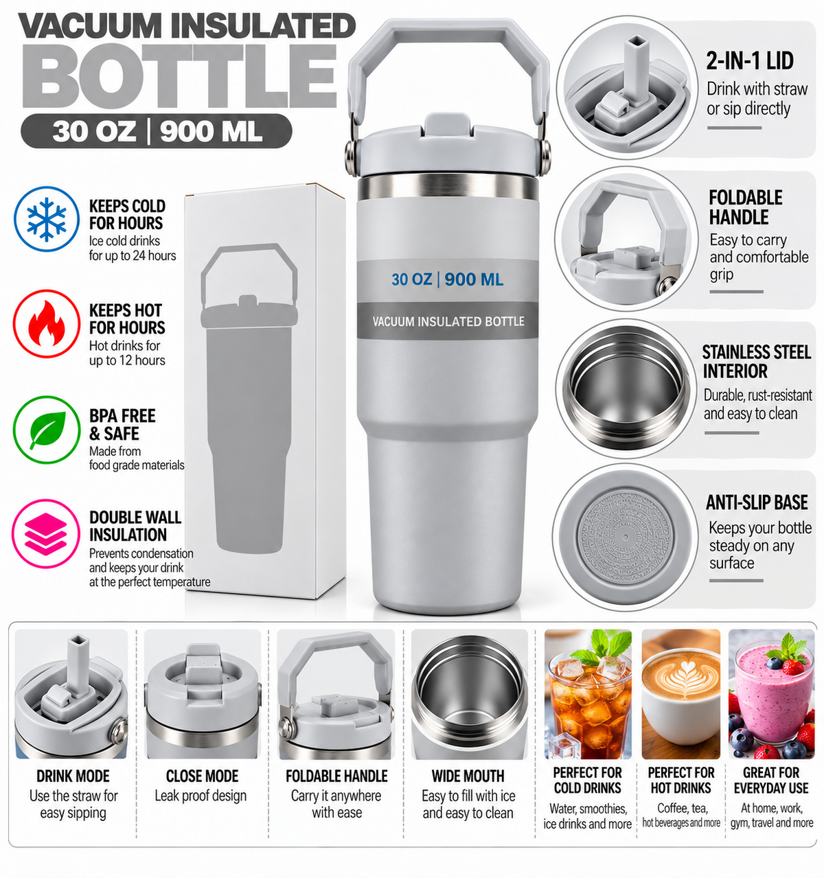 Light grey 900ml insulated bottle features