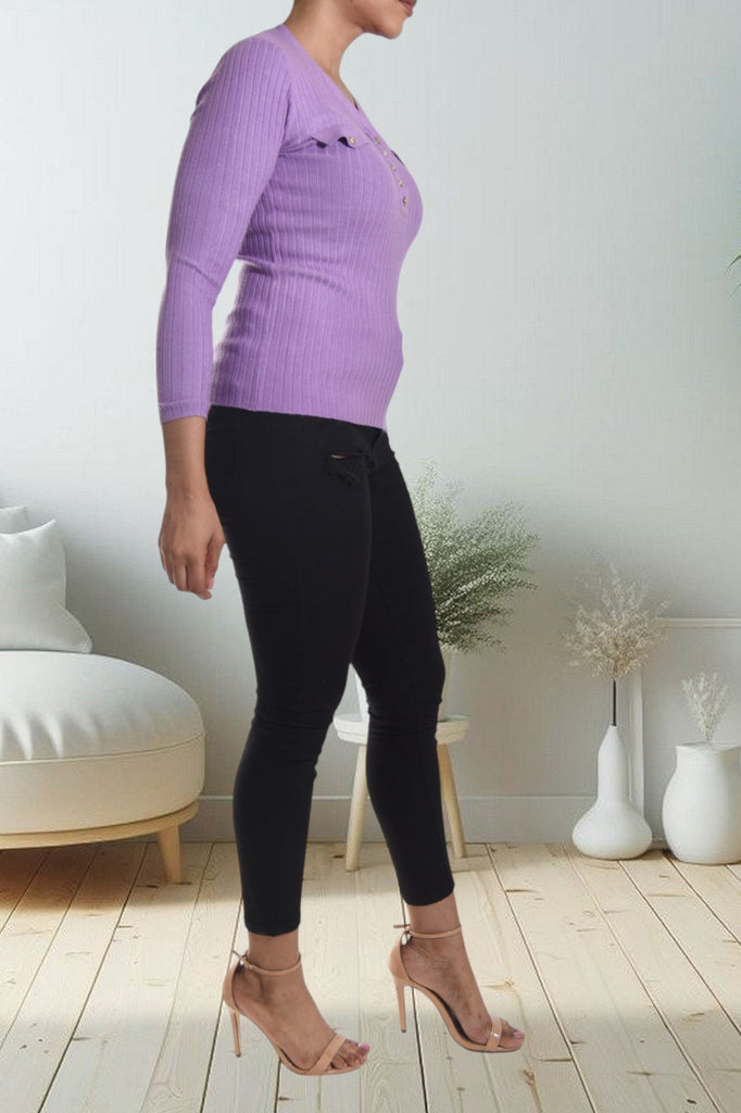 Lilac Button V Neck Jersey Top - StylePhase SA