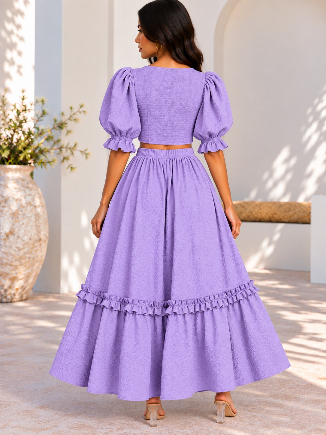 Lilac puff sleeve tie front top and frill maxi skirt back view