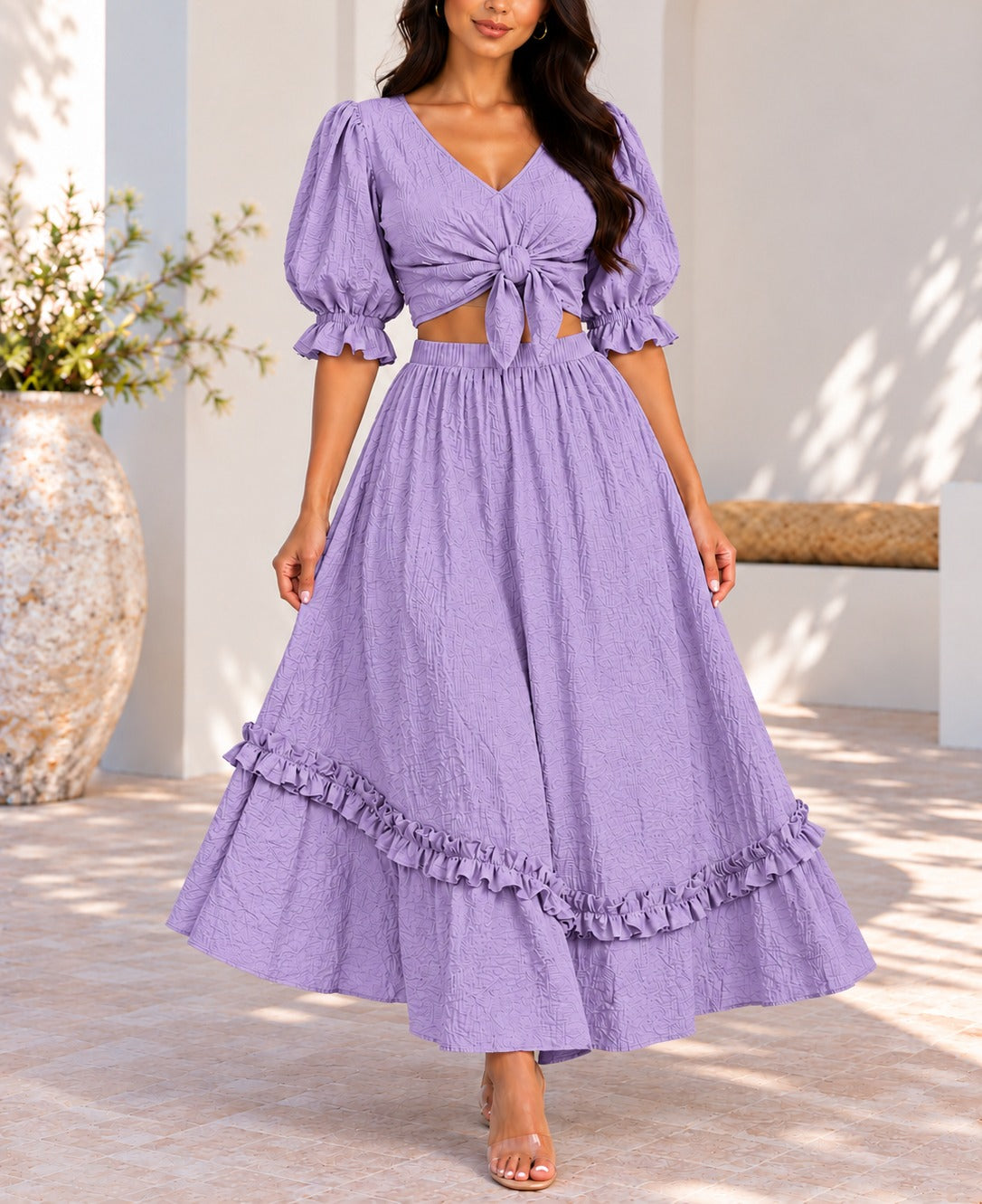 Lilac puff sleeve tie front top and frill maxi skirt front view