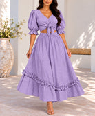 Lilac puff sleeve tie front top and frill maxi skirt front view