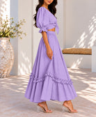 Lilac puff sleeve tie front top and frill maxi skirt side view
