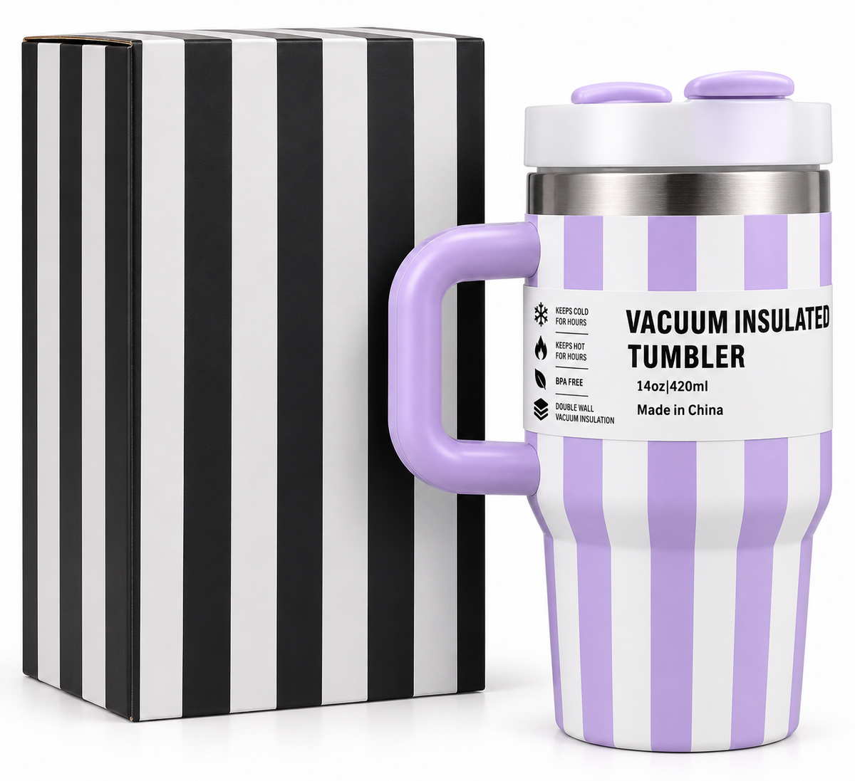 Lilac and white striped vacuum insulated tumbler with box