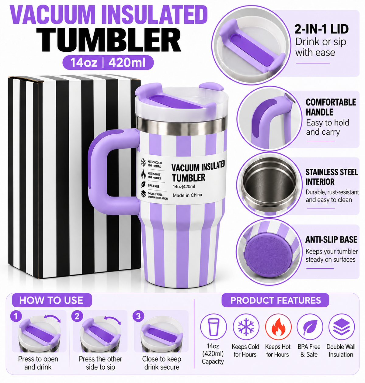 Lilac 420ml tumbler features and 2-in-1 lid instructions