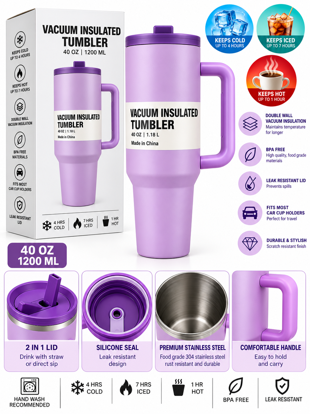 Lilac 40oz tumbler features and details