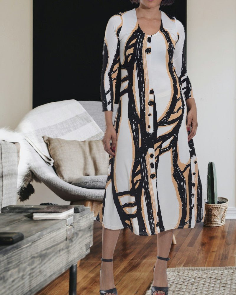 Long Sleeve Cream And Black Dress - StylePhase SA