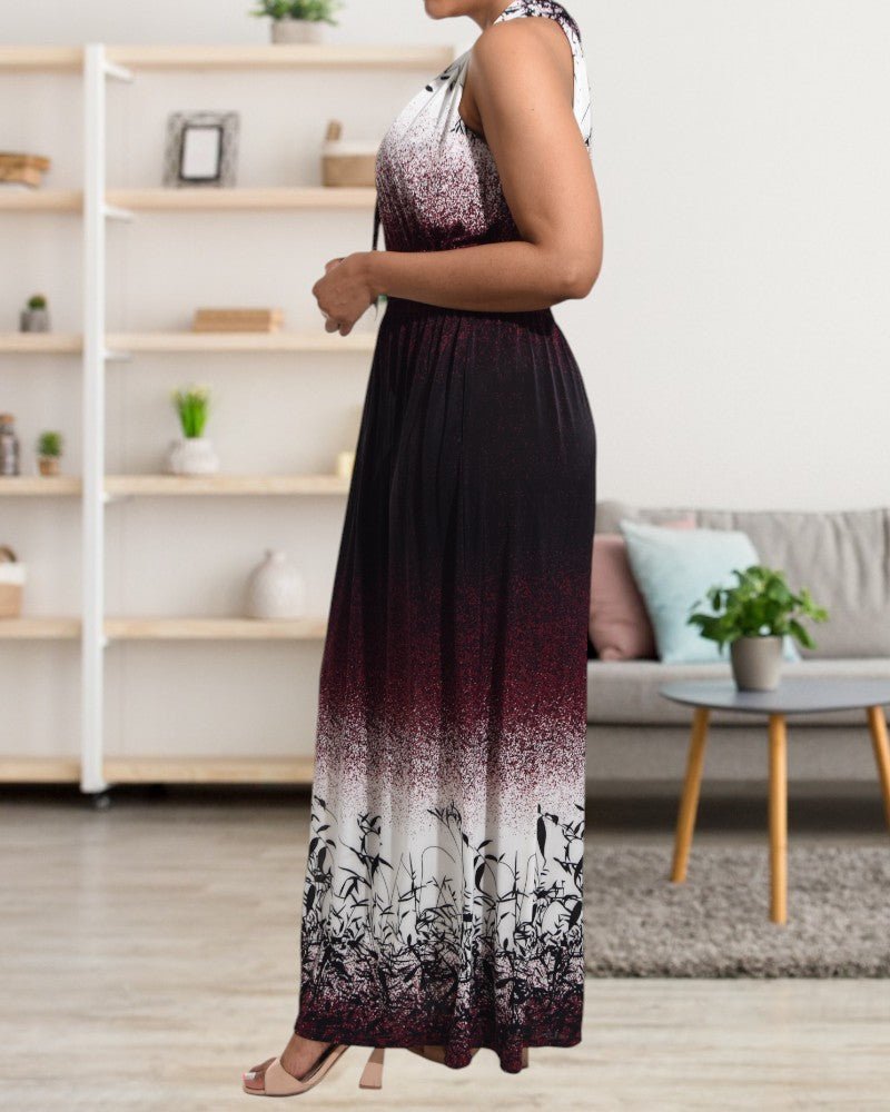 Maroon and White V Neck Maxi Dress - StylePhase SA