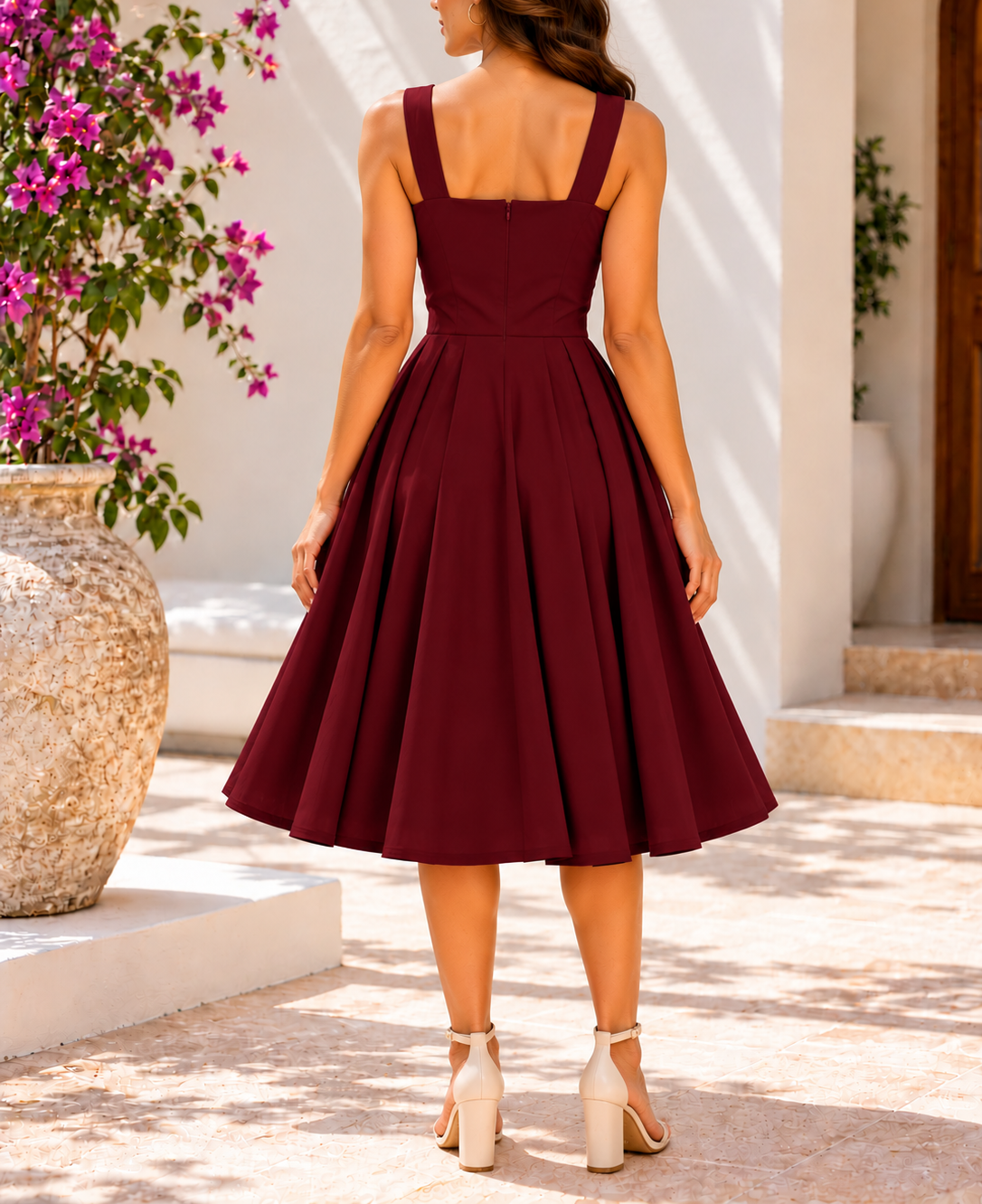 Maroon draped bust midi dress back view