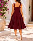 Maroon draped bust midi dress back view