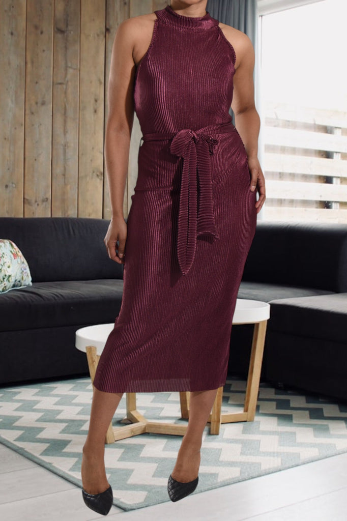 Maroon Plisse Halter Neck Dress - StylePhase SA