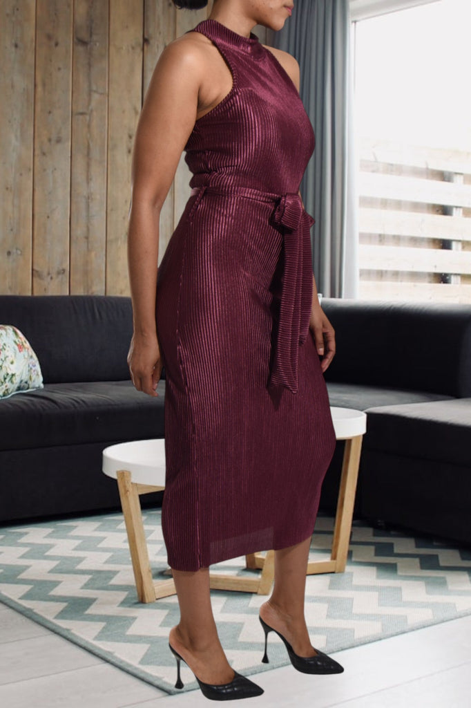 Maroon Plisse Halter Neck Dress - StylePhase SA