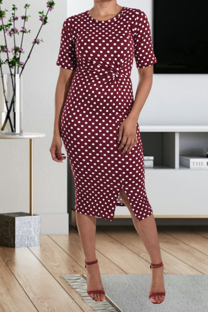 Maroon Polka Dot Tie Front Dress - StylePhase SA