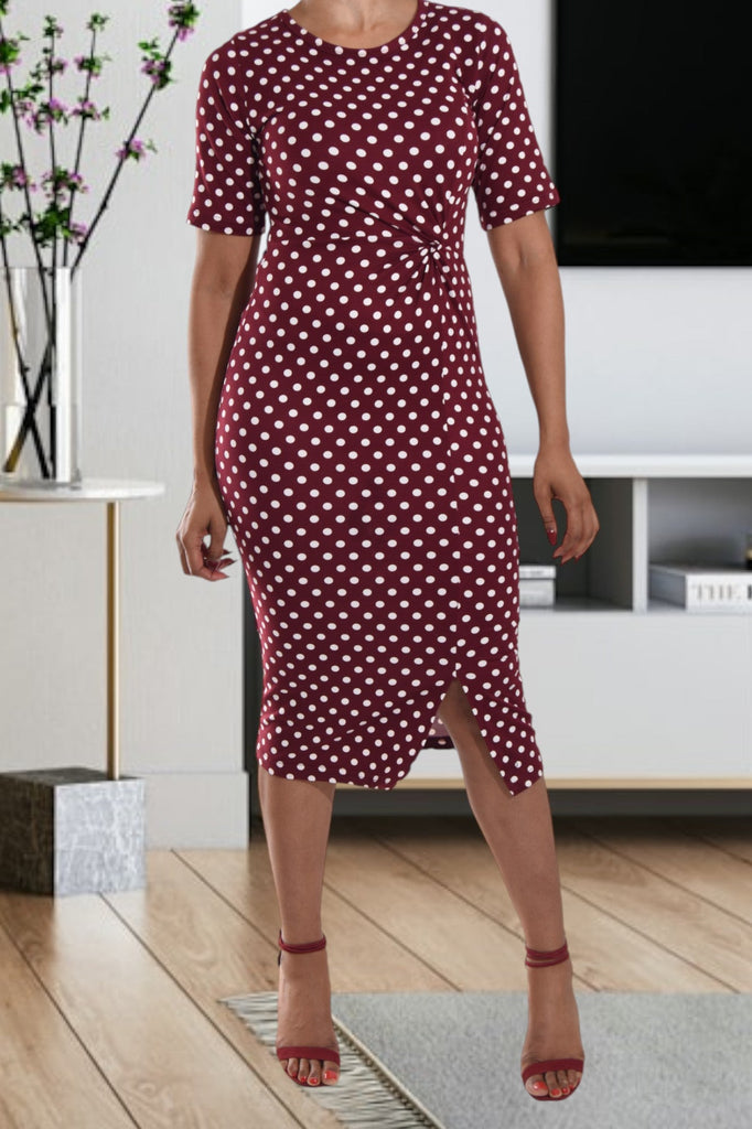 Maroon Polka Dot Tie Front Dress - StylePhase SA