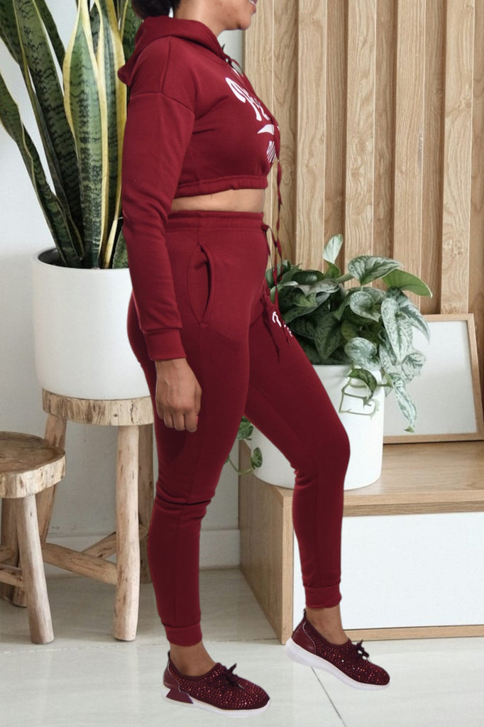 Maroon Printed Crop Fleece Tracksuit - StylePhase SA