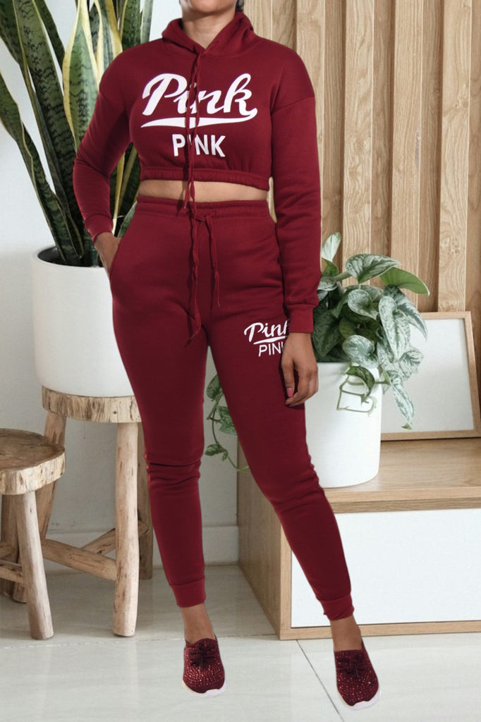 Maroon Printed Crop Fleece Tracksuit - StylePhase SA