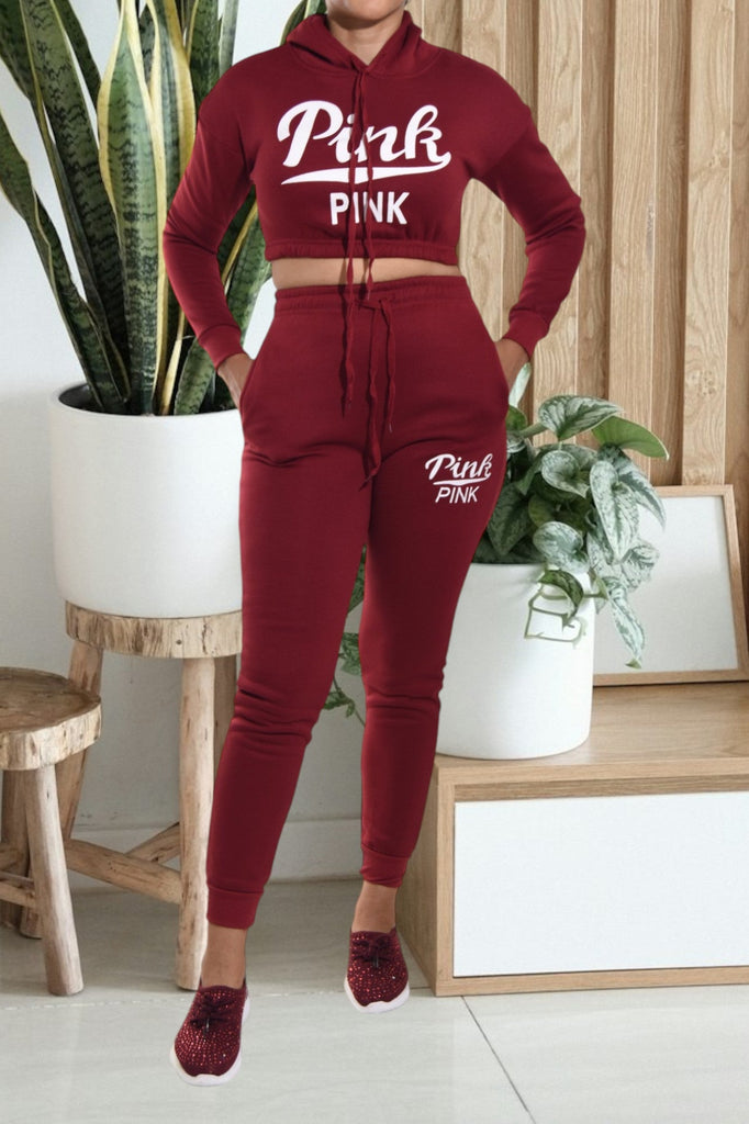 Maroon Printed Crop Fleece Tracksuit - StylePhase SA