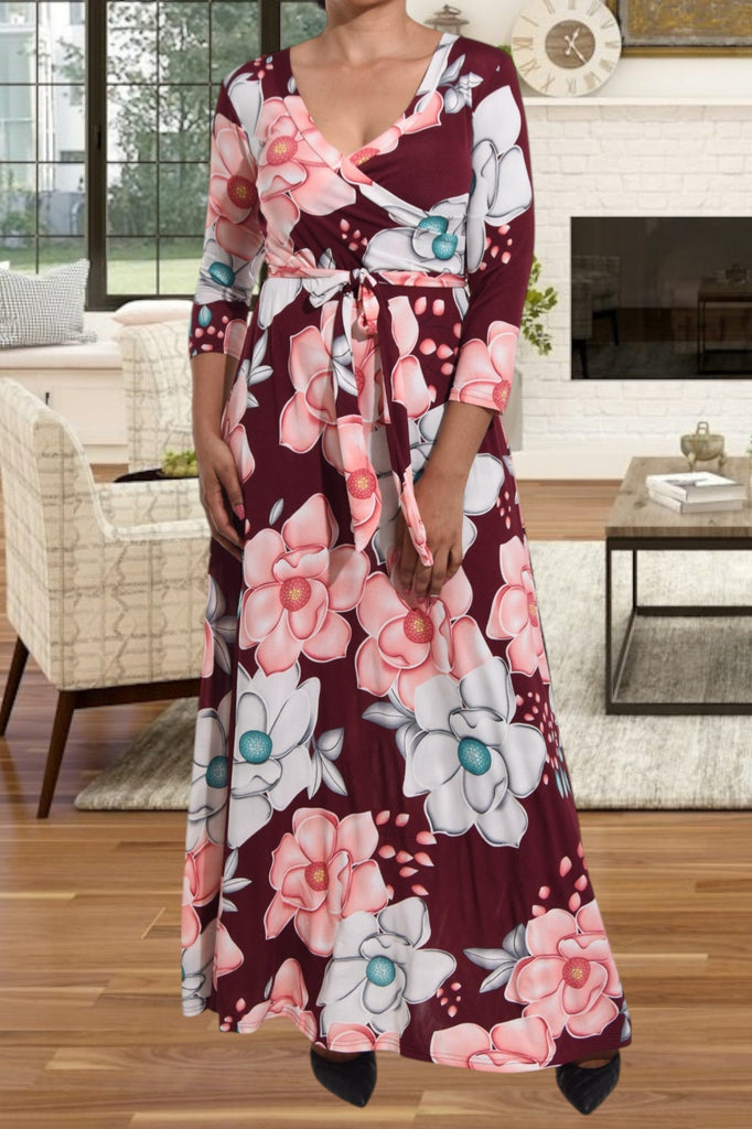 Maroon V Neck Floral Maxi Dress - StylePhase SA