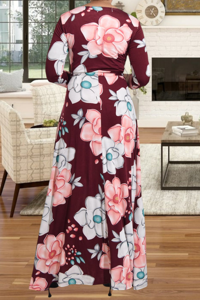 Maroon V Neck Floral Maxi Dress - StylePhase SA