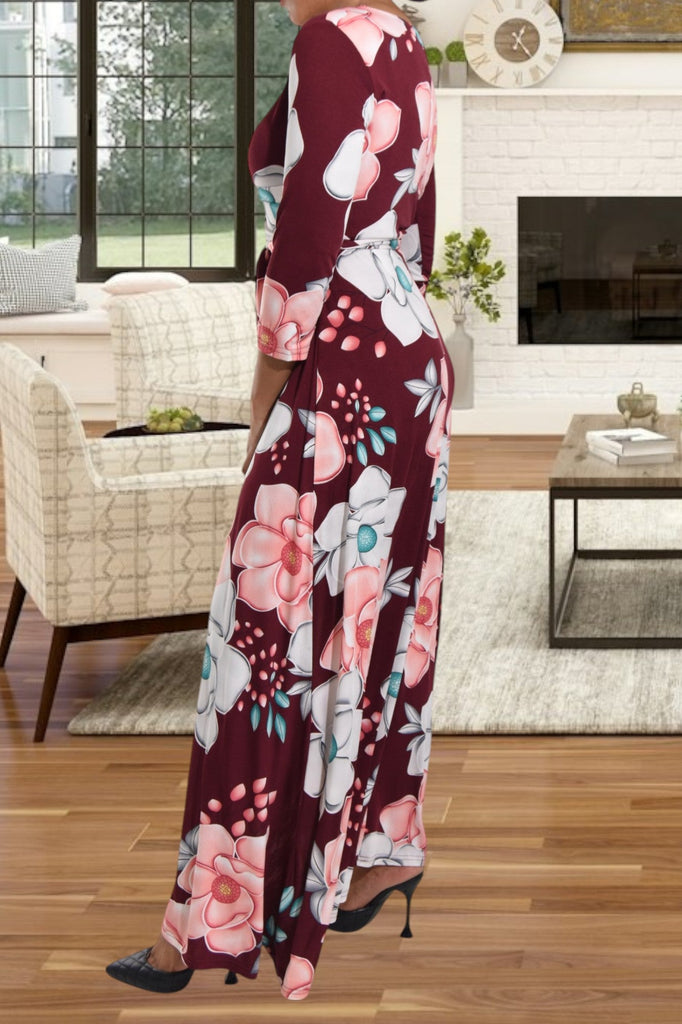 Maroon V Neck Floral Maxi Dress - StylePhase SA