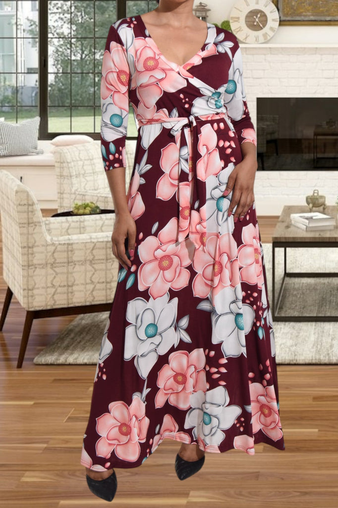 Maroon V Neck Floral Maxi Dress - StylePhase SA