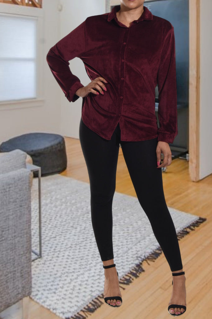 Maroon Velour Button Front Top - StylePhase SA